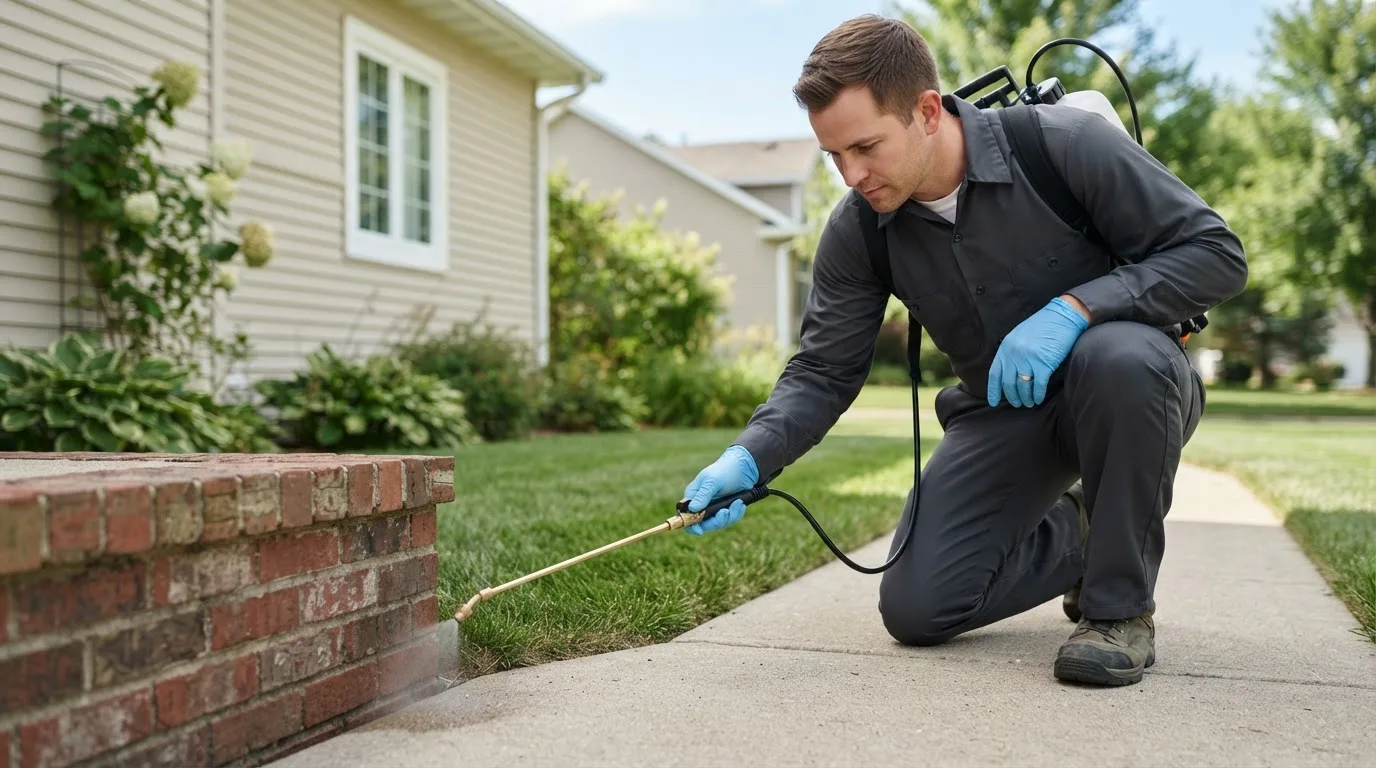 Pest control technician treating a home near Trona, CA